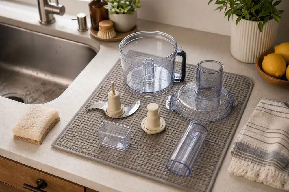 Overhead photo of disassembled food processor parts drying beside a sink, with a soft sponge, dish towel, and tidy countertop nearby.