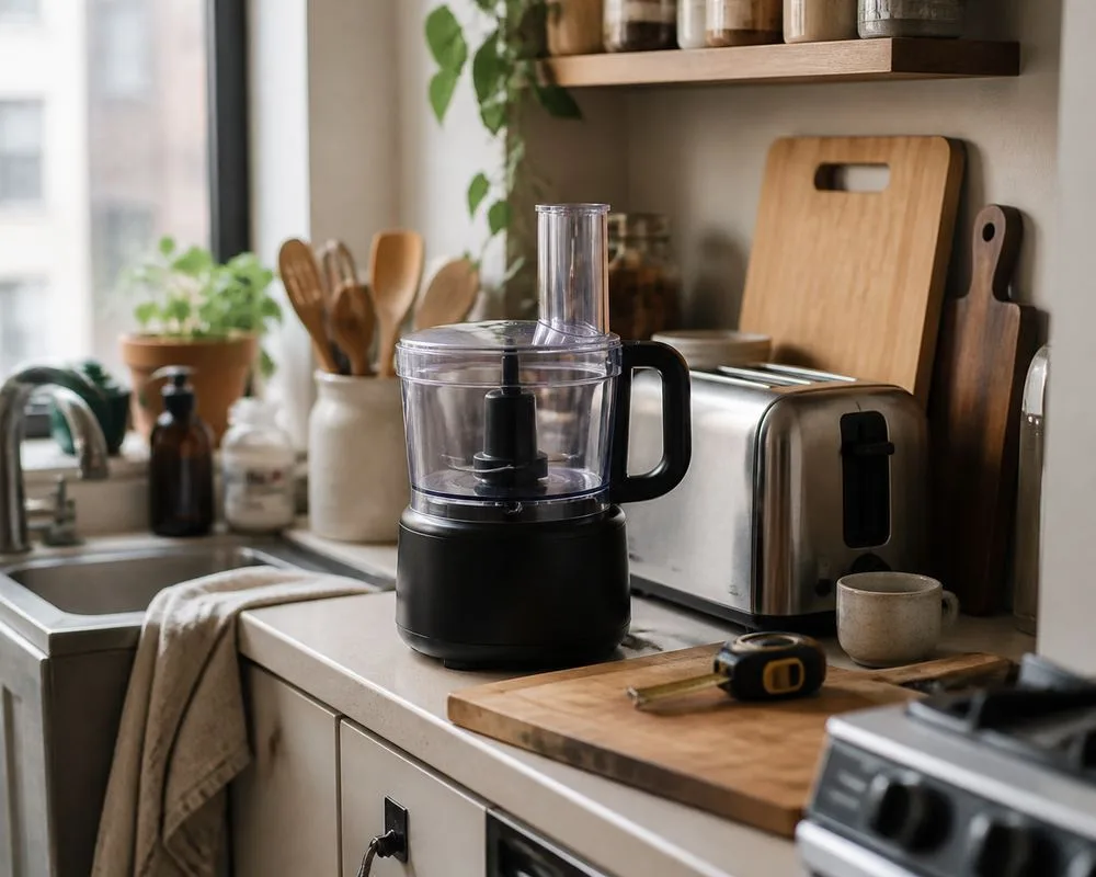 Compact food processor on a crowded apartment kitchen counter beside a toaster, cutting board, and measuring tape, showing limited workspace.