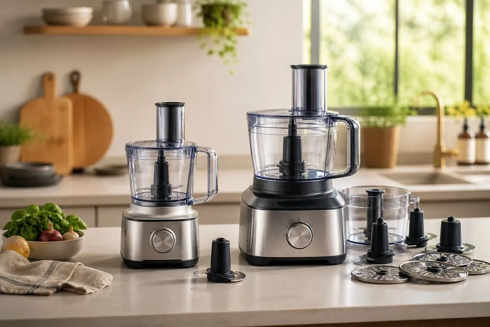 Side-by-side food processors on a kitchen island: one compact with fewer attachments, one premium with extra bowls and blades nearby.
