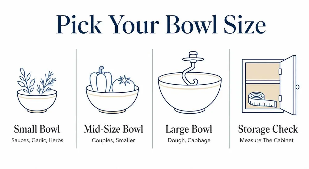 Bowl size guide matching small, mid-size, and large Ninja processors to common kitchen prep needs.