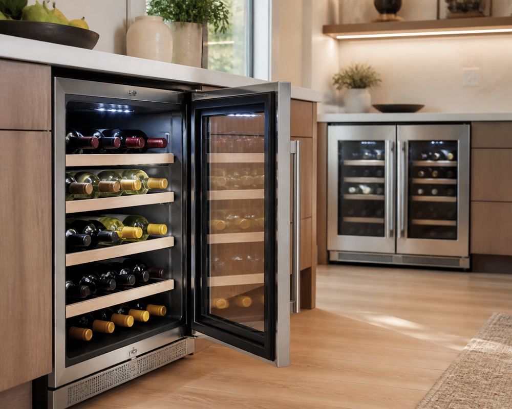 Two built-in wine coolers under a quartz counter, one uniform red-lit chamber beside a split-temperature cooler holding reds and whites.