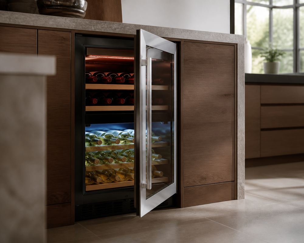 Open dual-zone wine cooler in modern kitchen, separate shelves holding reds above and whites below, soft interior lights emphasizing temperature zones.