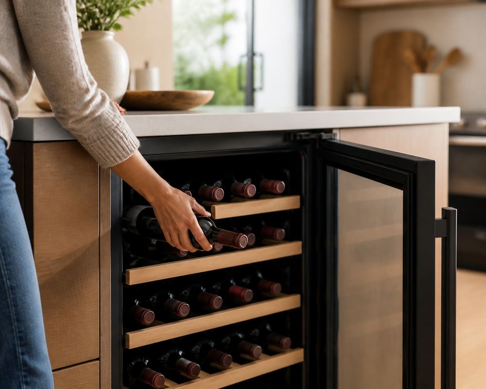 Open single-zone wine cooler beneath a marble kitchen counter, filled with identical red wine bottles, homeowner’s back turned while organizing glasses nearby.