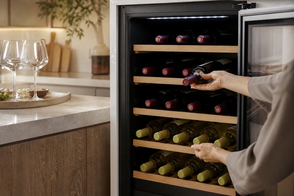 Over-the-shoulder view of a homeowner loading reds and whites into a compact dual-zone wine cooler beneath a quartz kitchen counter.