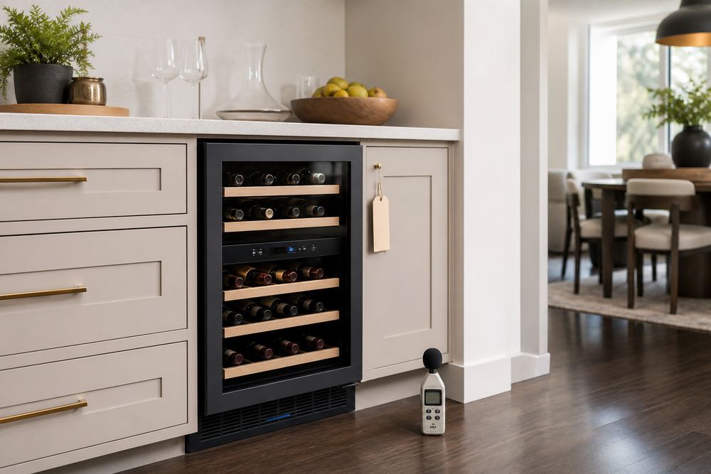Under-counter dual-zone wine cooler installed beside cabinets, slight ventilation gap visible, quiet modern kitchen, energy meter on countertop nearby.