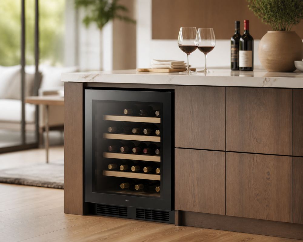 Built-in wine cooler under a kitchen island countertop, with surrounding cabinetry, open walkway clearance, and soft daylight from nearby windows.