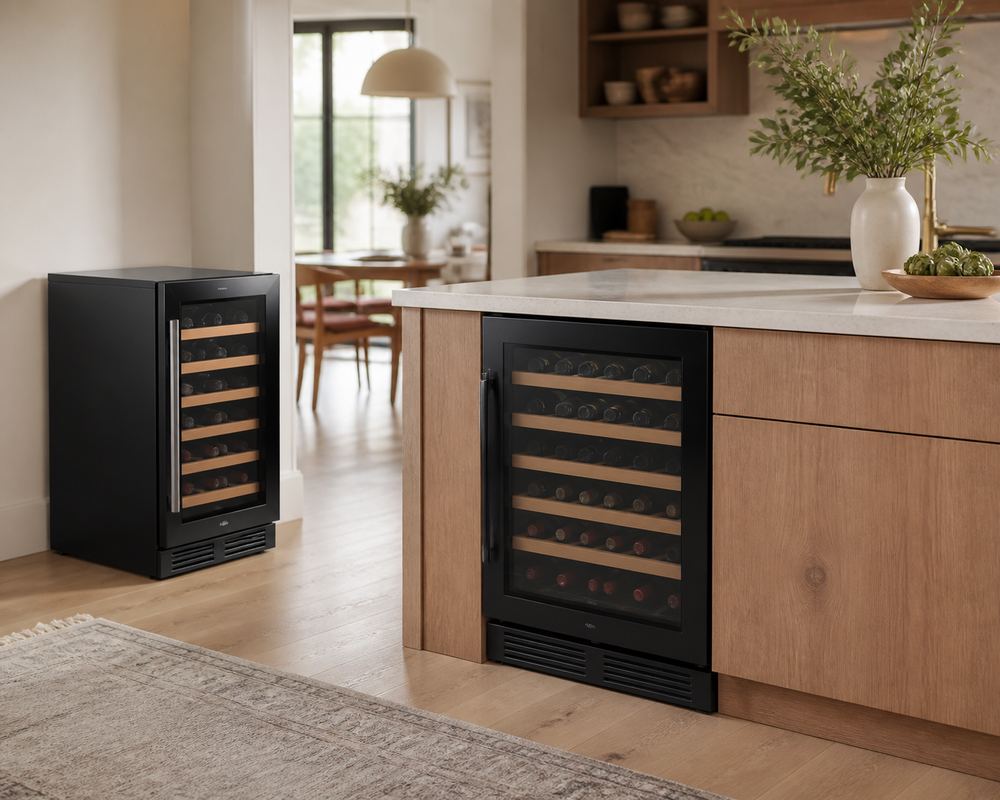 Built-in wine cooler flush under a kitchen counter beside cabinets, with a freestanding unit nearby showing open side and rear ventilation clearance.