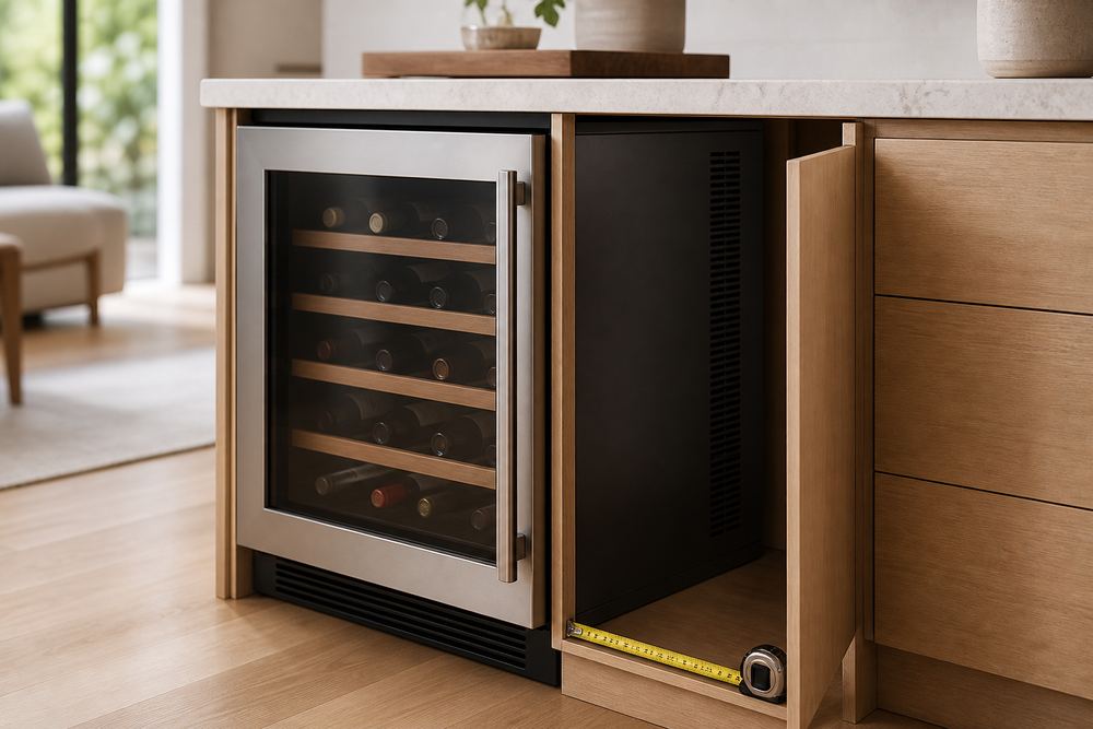 Close-up of under-counter wine cooler grille with measuring tape showing side clearance, modern kitchen cabinets, installer’s hands partially visible.