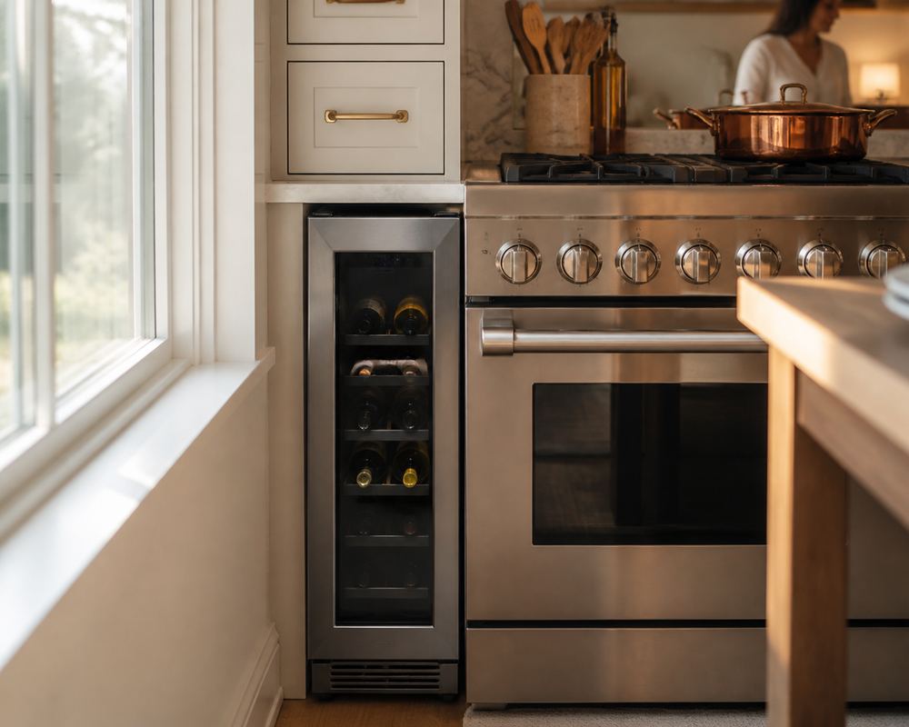 Open wine cooler wedged beside a hot oven under direct window sun, cramped cabinets blocking side vents in a modern US kitchen.