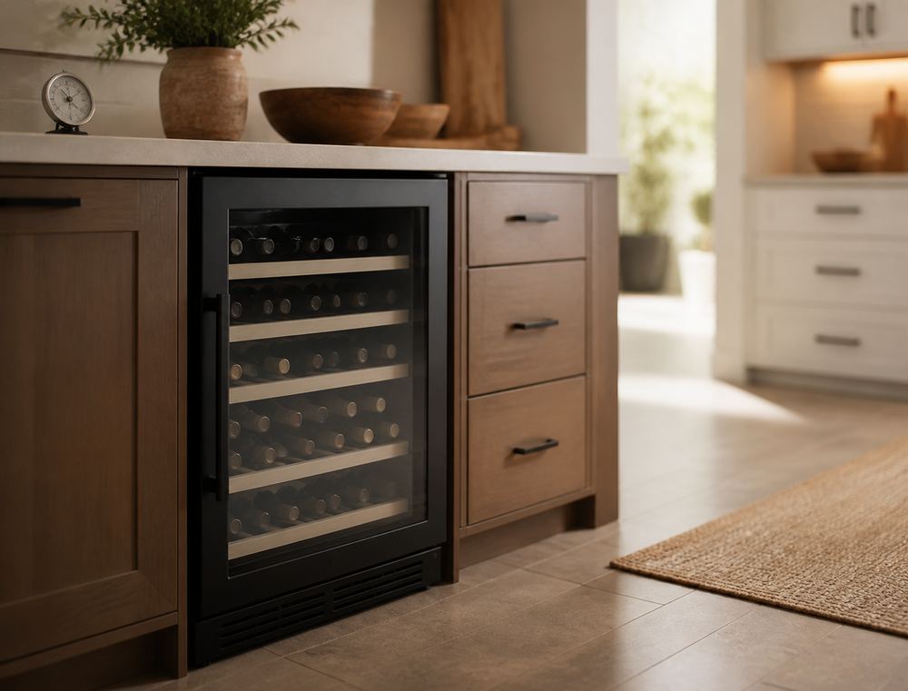 Wine cooler recessed under a shaded kitchen counter on level tile, away from sunlit windows, with a thermometer on the adjacent wall.