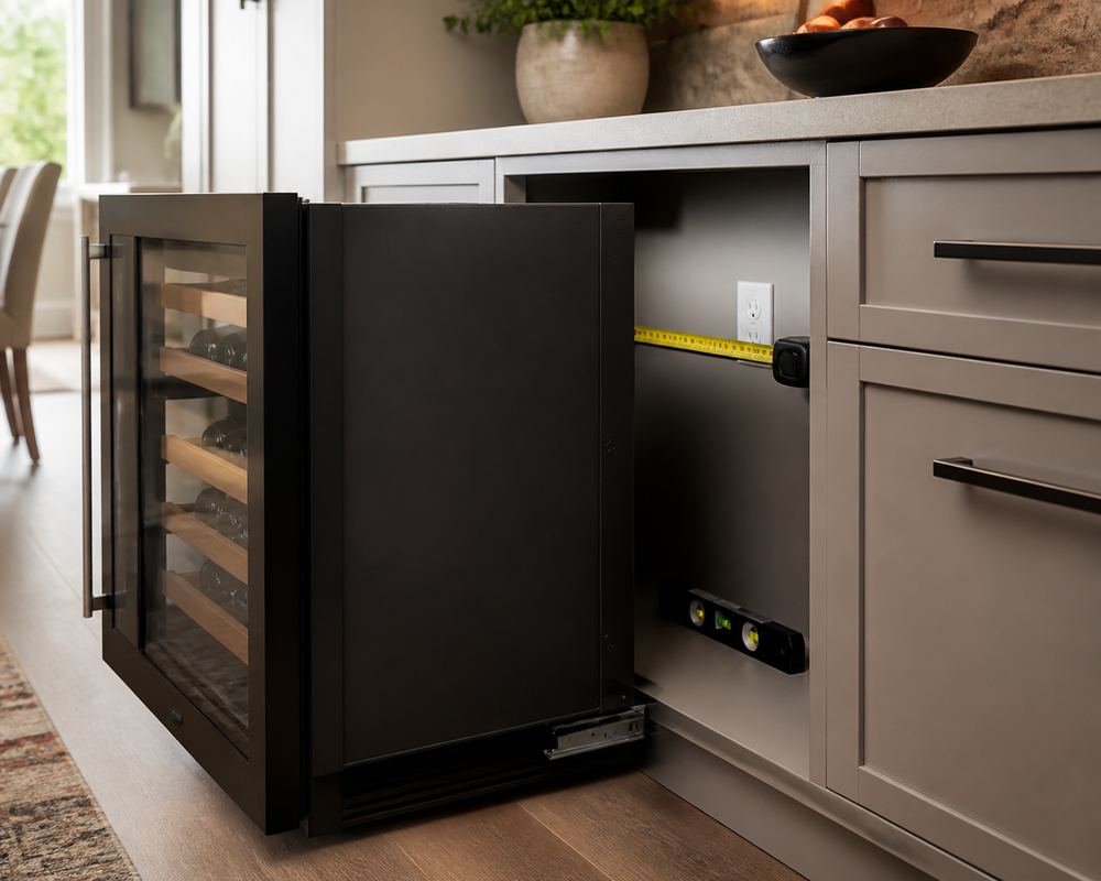 Homeowner seen from behind checking a quietly humming undercounter wine cooler, with clear side gaps, vent grille, and organized kitchen cabinets.