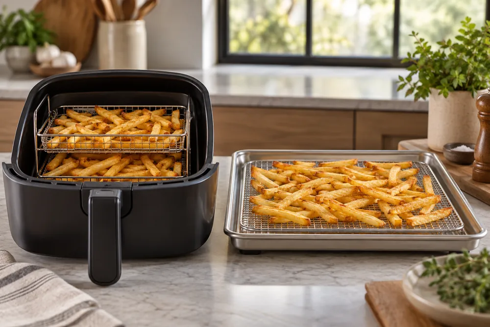 Brushed stainless steel racks hold fries in an air fryer basket beside a convection oven tray, eye-level kitchen counter comparison.