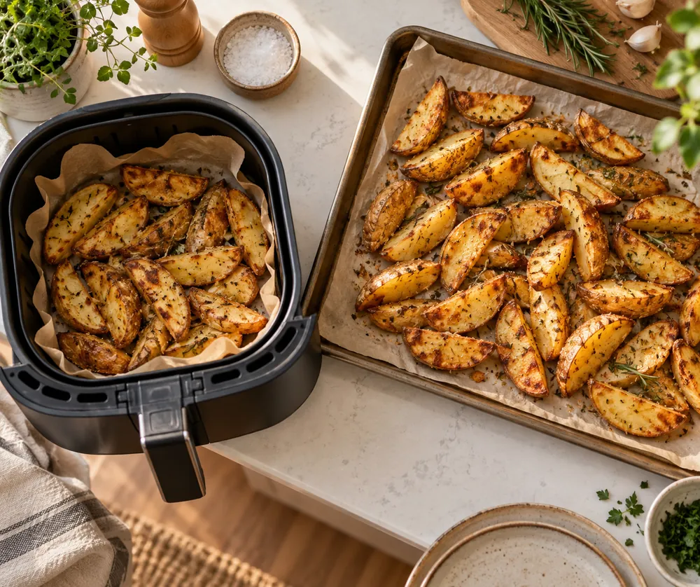 Golden roasted potato wedges on parchment, split between air fryer basket and convection tray, overhead on a clean quartz countertop.