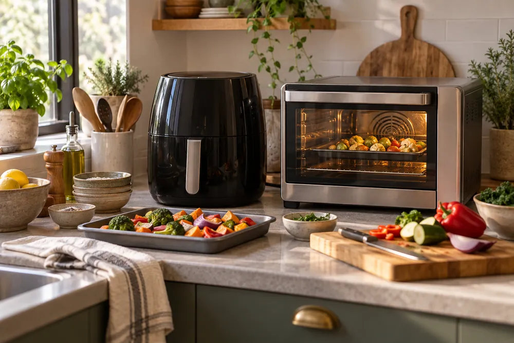 Air fryer and convection oven on a crowded countertop, trays of vegetables staged beside bowls, cutting board, and limited prep space visible.