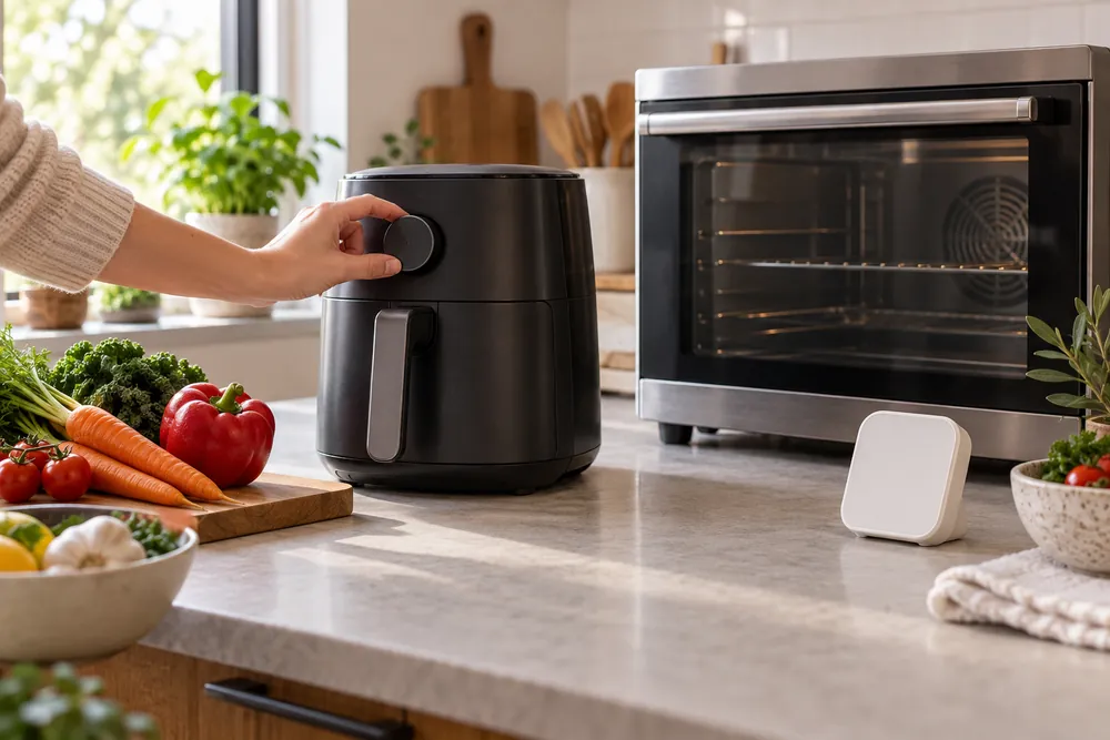 Hand reaches toward an air fryer dial beside a larger convection oven, three-quarter view, countertop meter and vegetables nearby in a bright kitchen.