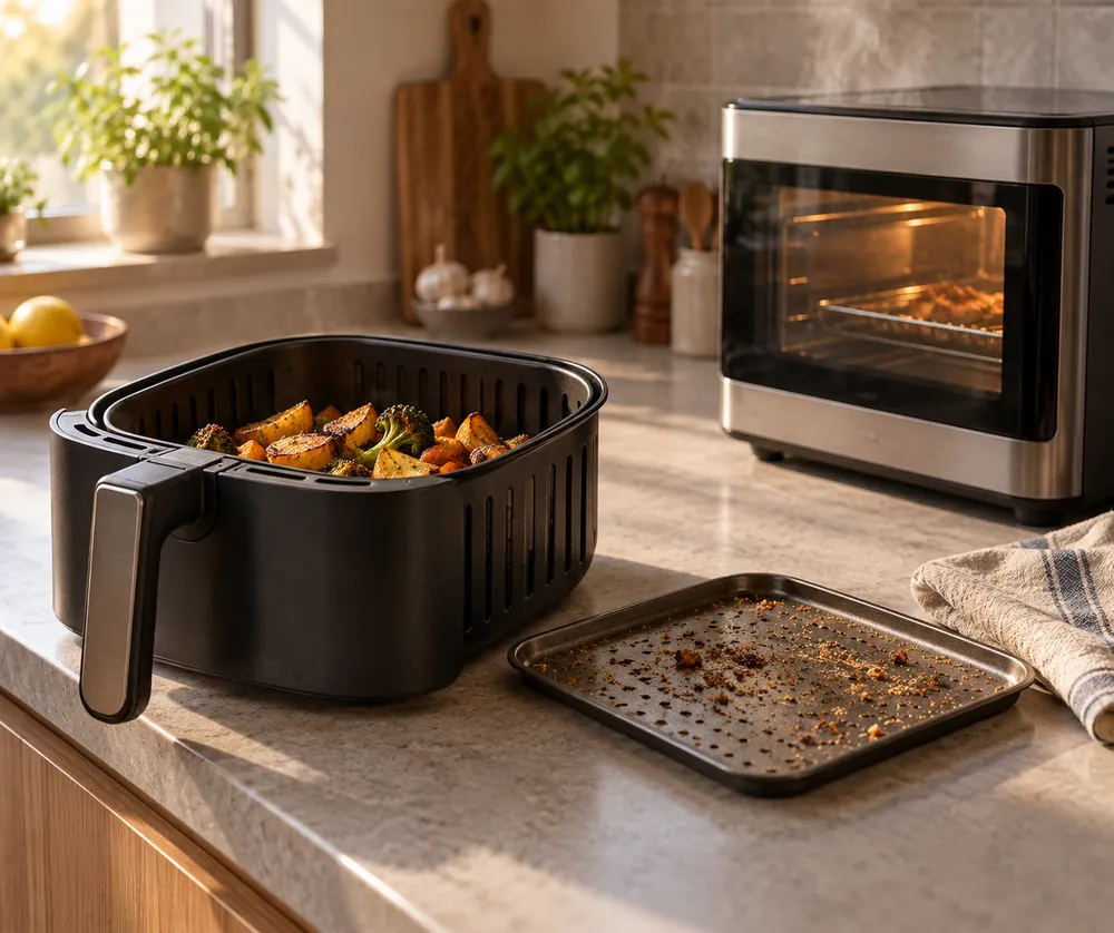 Soft afternoon light reveals a side-angle countertop scene: open air fryer basket, crumb tray, dish towel, and quiet venting oven nearby.
