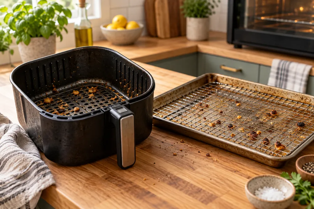 Butcher-block countertop with a worn air fryer basket beside a convection oven tray, crumbs and oil patina visible, slightly raised view.