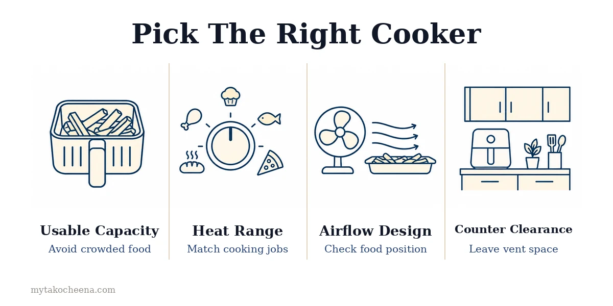 Air Fryer vs Convection Oven: Real Differences: Usable Capacity, Heat Range, Airflow Design, Counter Clearance.