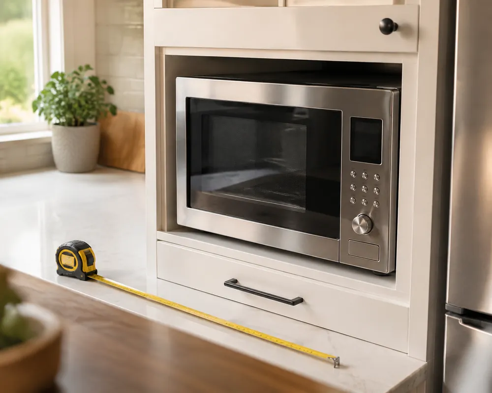 Convection microwave oven sits on a countertop beneath cabinets, tape measure stretched beside it, cords and clearance space visible in a compact kitchen.
