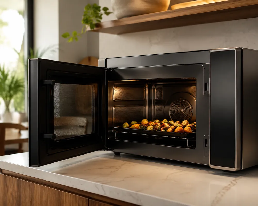 Granite countertop below open cabinetry frames a convection microwave browning vegetables on a metal rack, seen from a low angle.