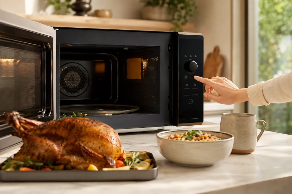 Convection microwave oven on a countertop, door open to reveal pizza, roasted vegetables, and reheated leftovers beside labeled mode icons.