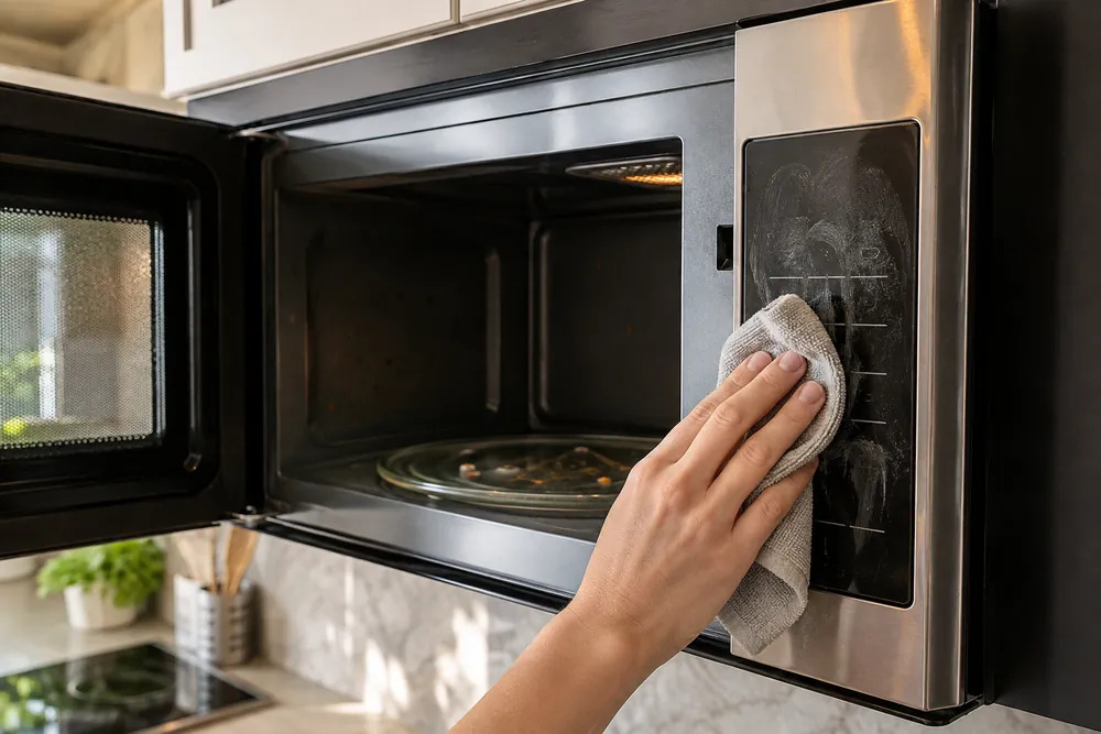Brushed stainless trim around a convection microwave control panel, smudged touch buttons, and a damp cloth wiping the inner turntable rim.