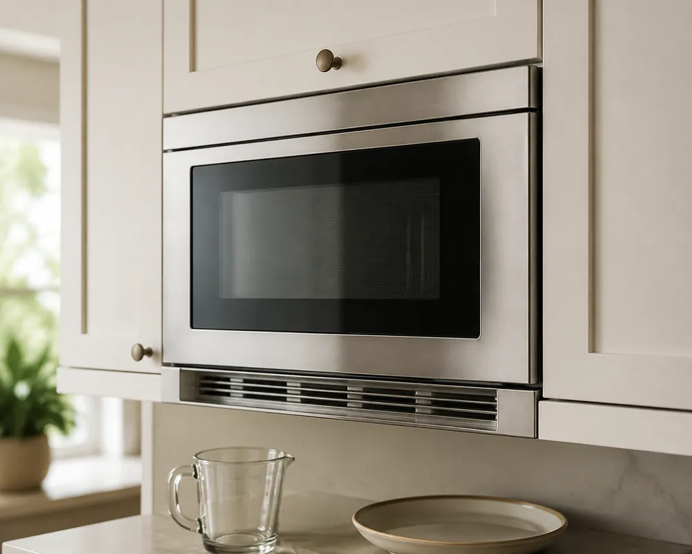White upper cabinetry frames a built-in convection microwave with its door open, revealing a compact cavity and underside vent grille.