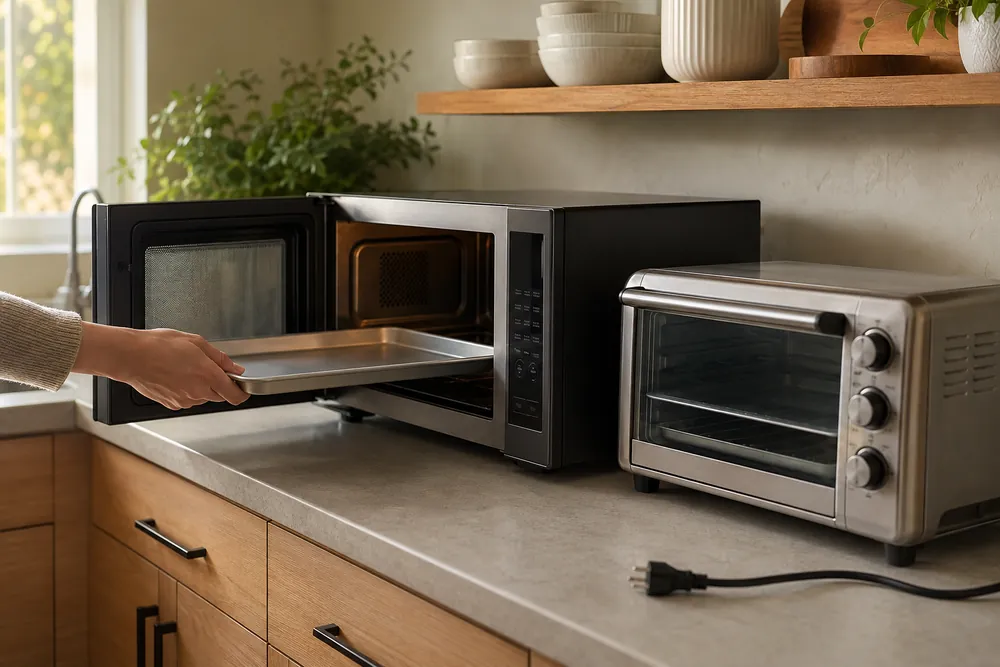 Hand slides a toaster oven aside while a convection microwave sits on the counter near a standard oven, side-angle view.