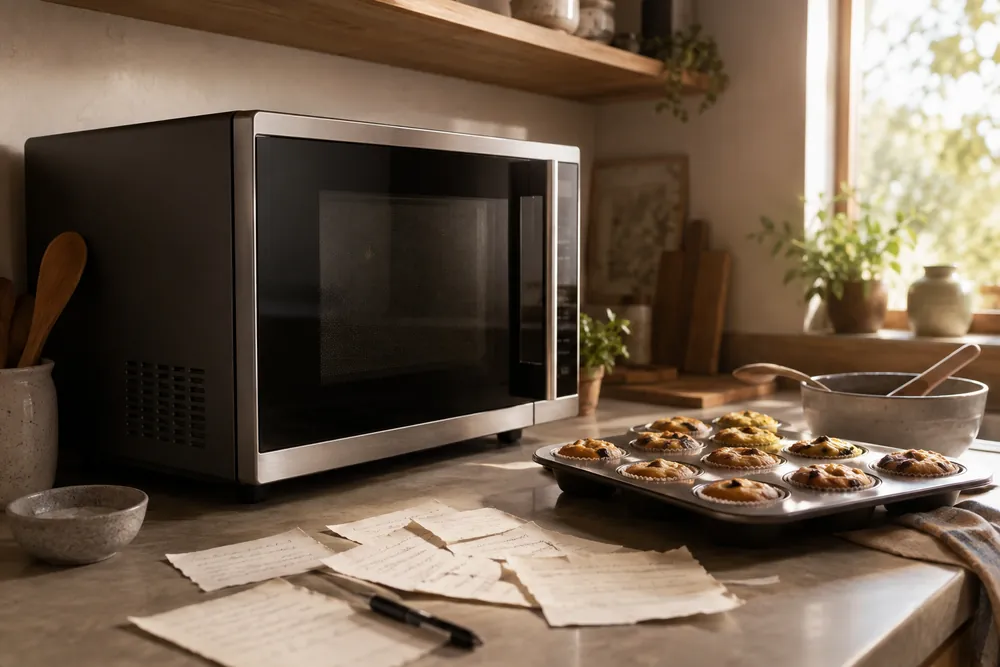 Soft afternoon light washes over a side-angle kitchen counter with a convection microwave, scattered recipe notes, and mismatched baked results nearby.