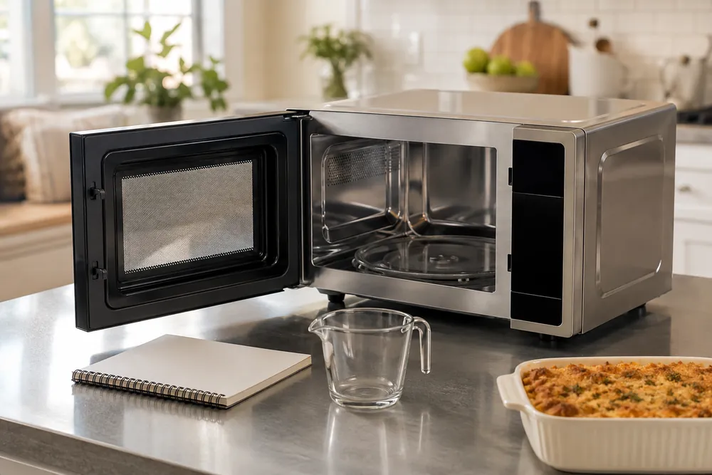 Convection microwave oven on a kitchen counter, door open, with measuring tape, muffin tray, and cookware arranged nearby.