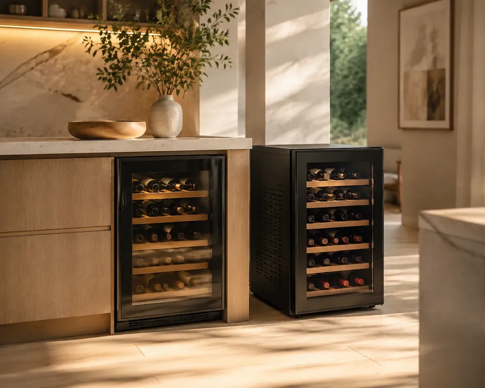 Soft morning light illuminates a close-up of a built-in wine cooler flush with cabinetry beside a freestanding unit on tile.