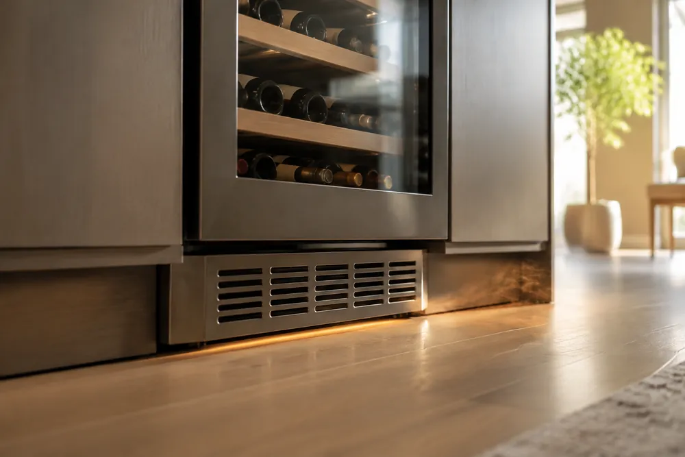 Brushed stainless vent grille beneath a built-in wine cooler, framed close-up beside cabinetry toe-kick, with warm kitchen floor reflections.