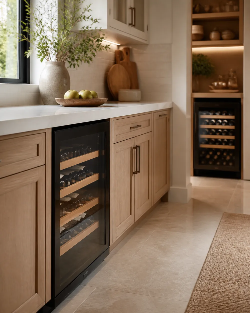 Built-in wine cooler tucked beneath a quartz countertop beside cabinetry, with a freestanding unit visible near a pantry wall in soft focus.