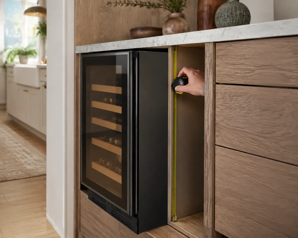 Hand measures side clearance beside a built-in wine cooler sliding into base cabinetry, with toe-kick alignment and ventilation gaps visible.