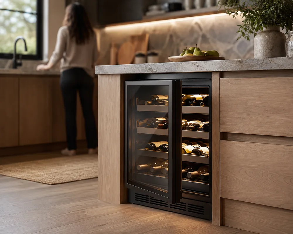 Built-in wine cooler under a kitchen counter, door slightly ajar, quiet compressor grille visible, cook reaching for glassware in soft evening light.