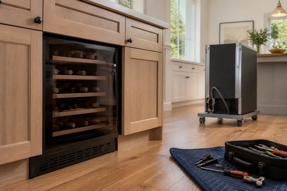Base cabinets frame a built-in wine cooler beside a freestanding unit on casters, low-angle view showing service clearance and flooring.