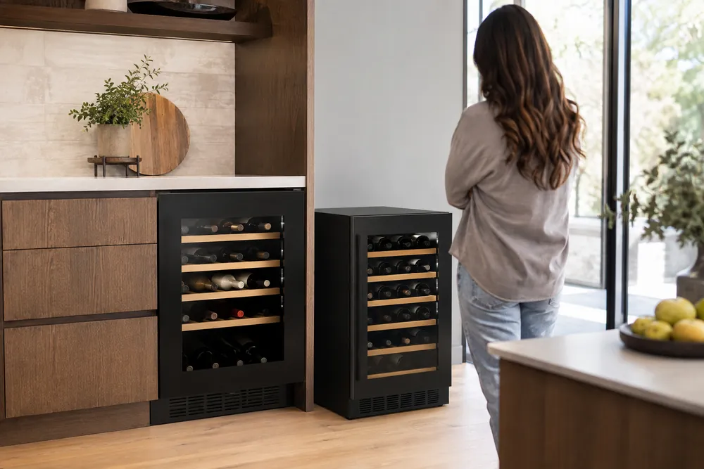 Freestanding wine cooler beside a kitchen island, door ajar showing bottles, with built-in undercounter cooler visible across the wide kitchen.