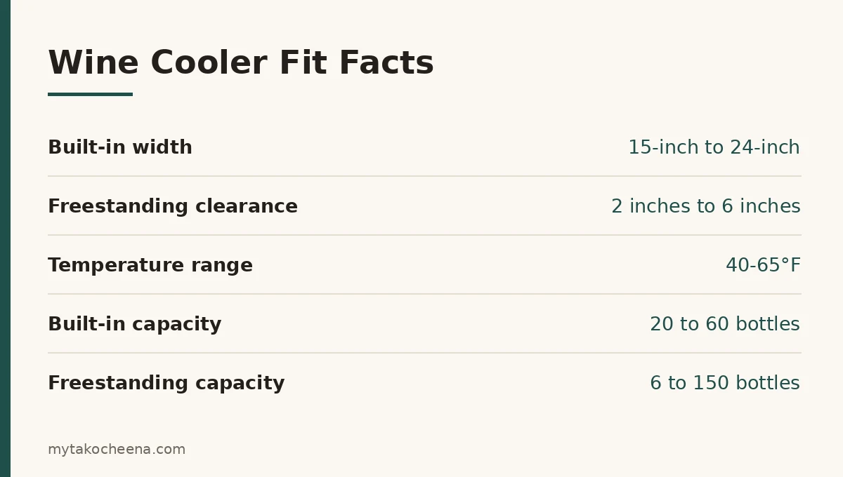 Key figures for Built-In vs Freestanding Wine Coolers: How to Choose: Built-in width, Freestanding clearance, Temperature range, Built-in capacity, Freestanding capacity.