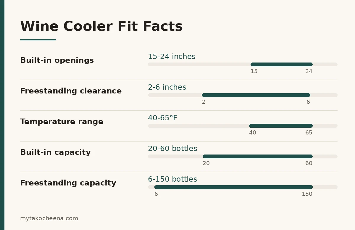 Key figures for Built-In vs Freestanding Wine Coolers: How to Choose: Built-in openings, Freestanding clearance, Temperature range, Built-in capacity, Freestanding capacity.