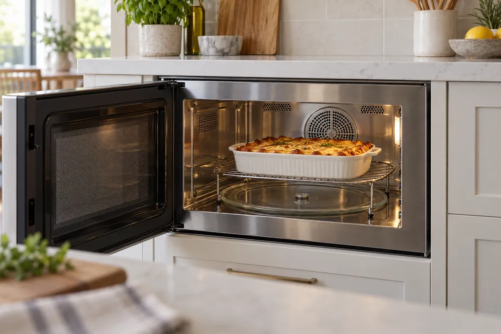 White quartz countertop surrounds an open convection microwave with a turntable, wire rack, browned casserole, and airflow vent details visible.