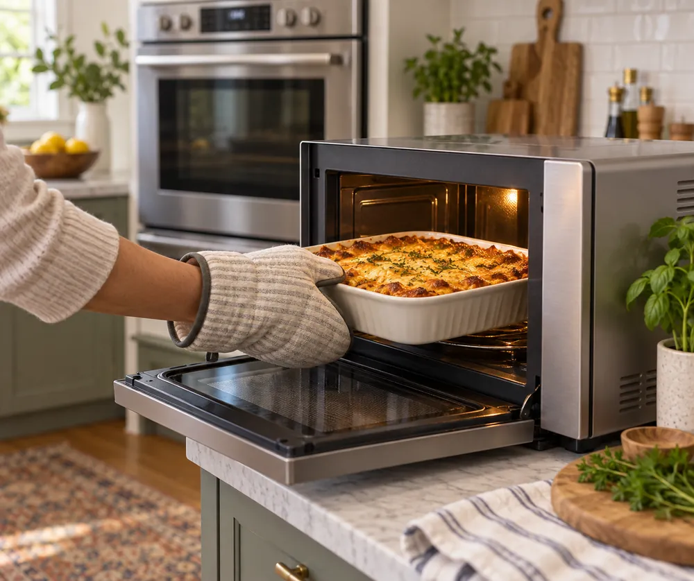 Hand pulling a browned casserole from a countertop convection microwave, three-quarter view of compact US kitchen with unused full-size oven behind.
