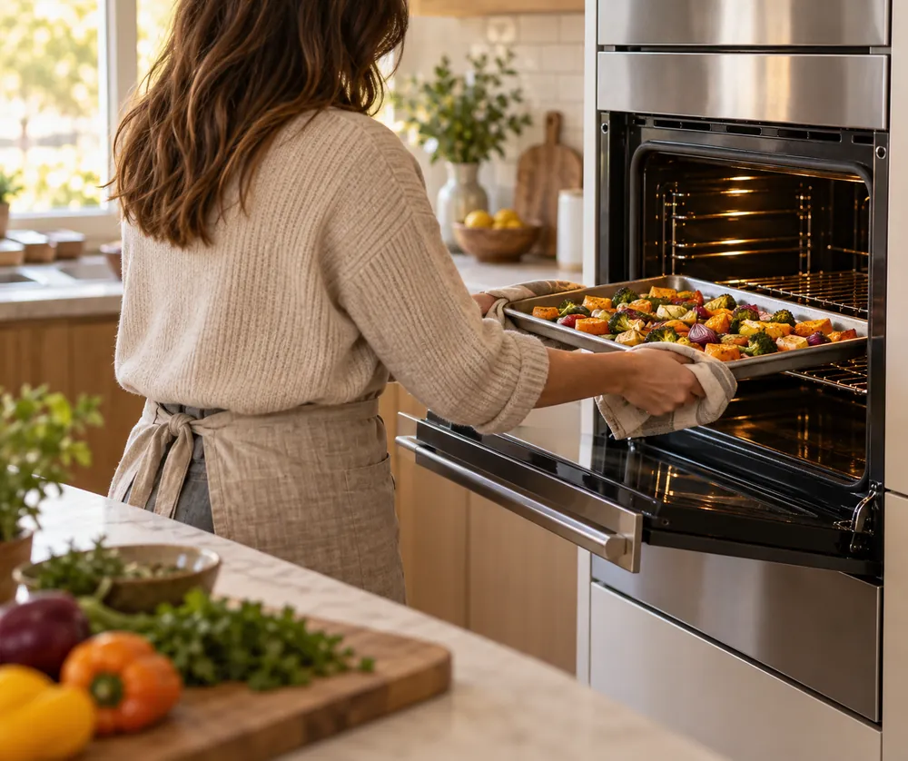 Warm afternoon light fills a suburban kitchen as someone slides a full sheet pan of roasted vegetables into a spacious wall oven.