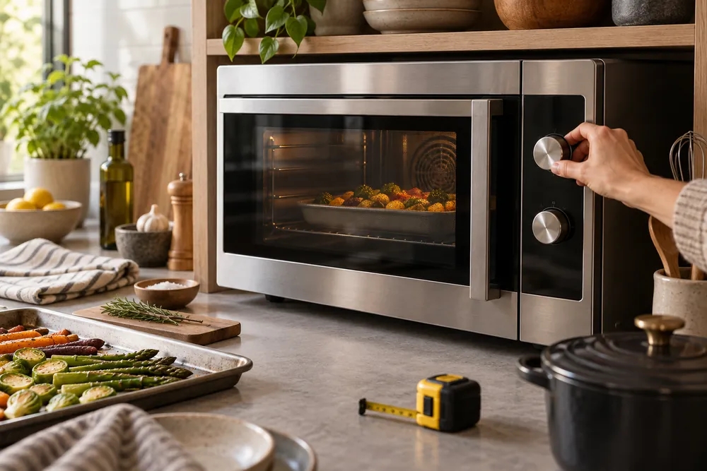 Hand turns a stainless convection microwave knob while measuring tape, sheet pan, and cookware sit nearby in a three-quarter kitchen view.