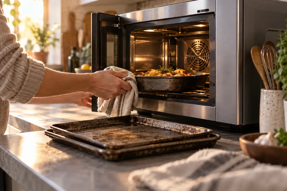 Late-afternoon light washes a compact microwave convection oven above worn baking trays, low-angle from the counter, with a homeowner’s hands adjusting cookware.