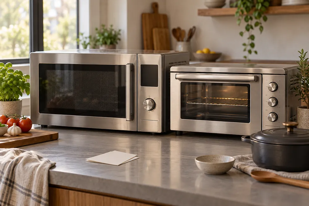 Brushed stainless control panel foregrounds a convection microwave beside a compact oven, FAQ notes and cookware visible on the countertop.