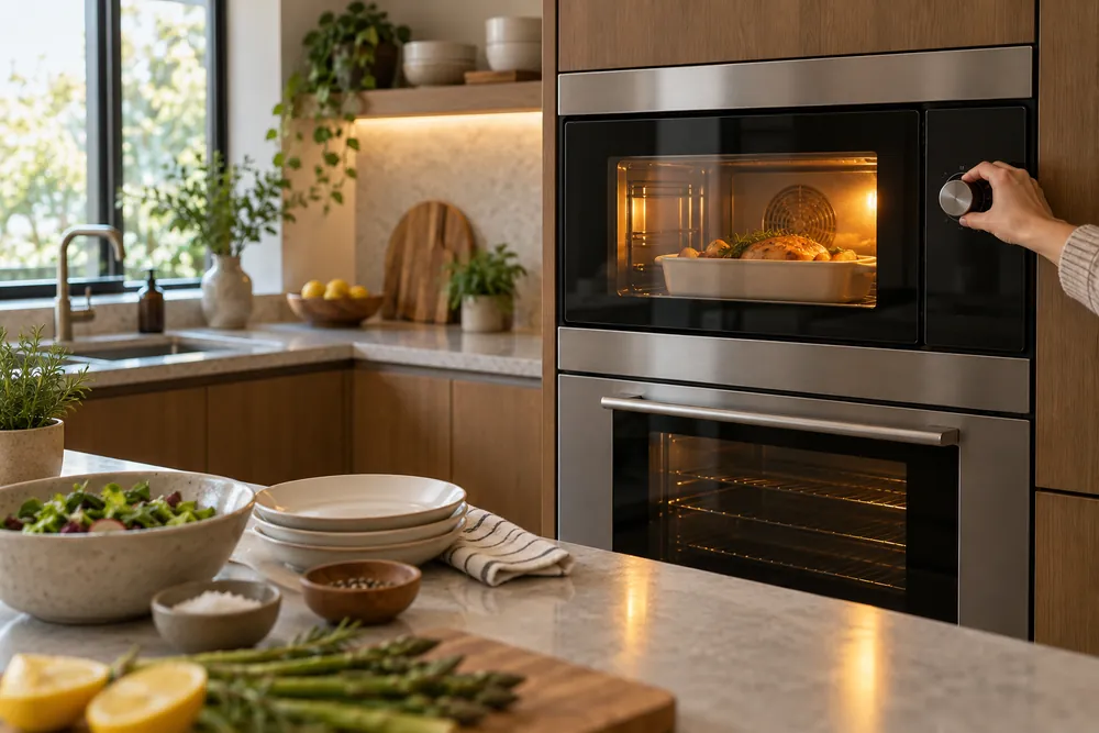 Hand adjusts a convection microwave power dial as countertop dishes sit nearby, wide view of a modern US kitchen with appliance interior glowing.