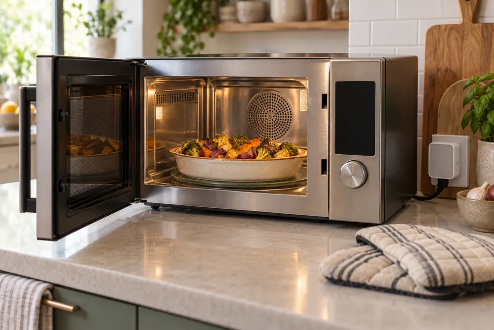 Stainless convection microwave on a countertop, door open to roasted vegetables, while a separate power meter and oven mitts sit nearby.
