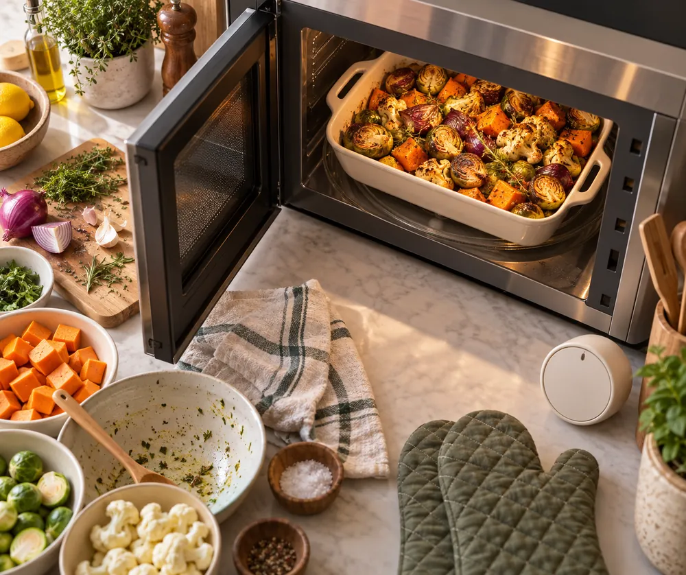 Convection microwave heating a crowded casserole and browned vegetables, overhead view with oven mitts, timer, and busy prep bowls nearby.