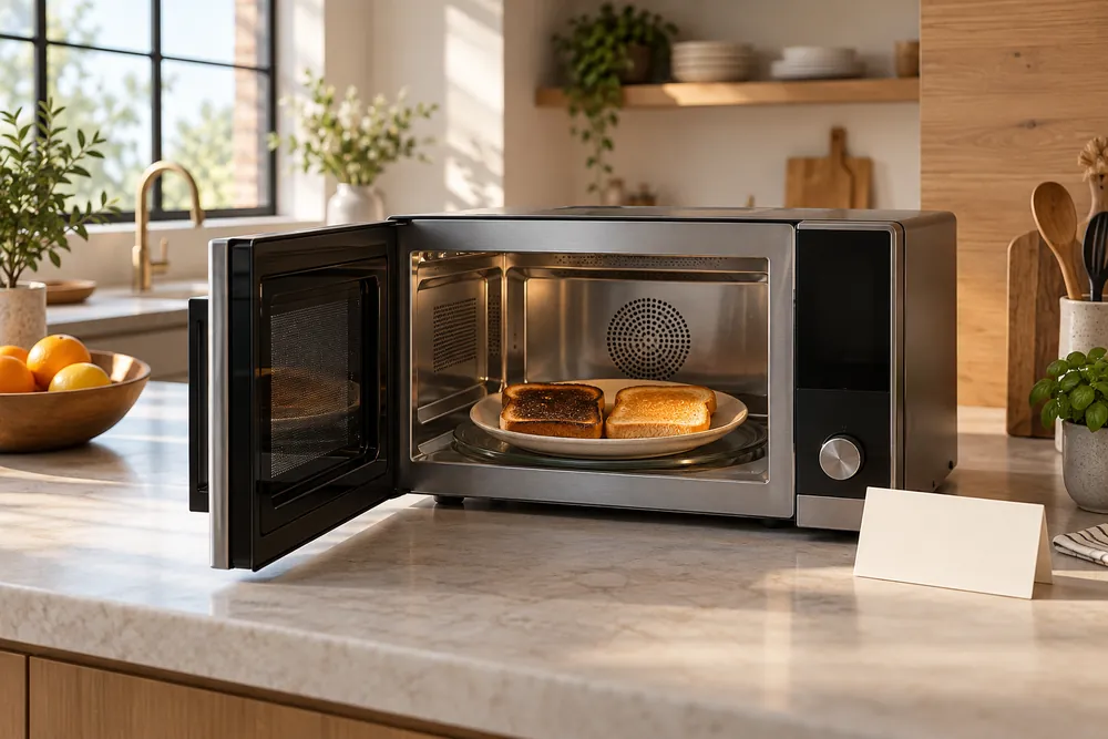 Soft morning light fills a wide kitchen as a convection microwave heats unevenly browned toast beside an unused wattage label card.
