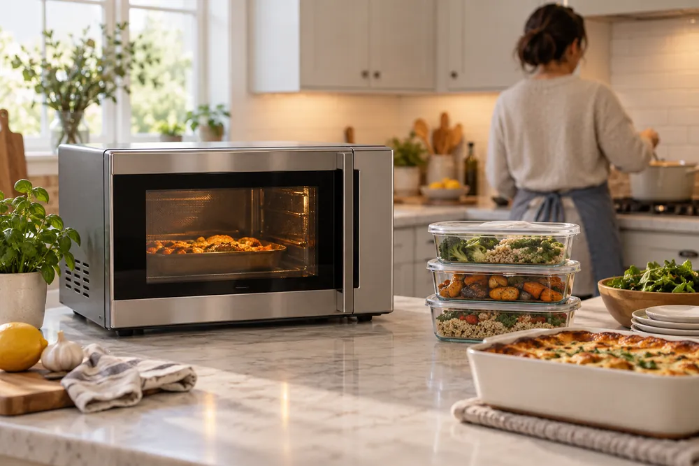 Countertop convection microwave beside meal-prep containers and a casserole dish, eye-level in a bright kitchen, with someone turned away checking dinner.